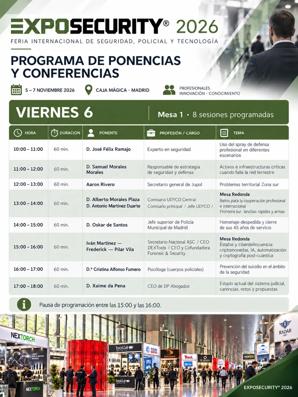 Cartel del programa de ExpoSecurity 2026 — viernes 6 de noviembre